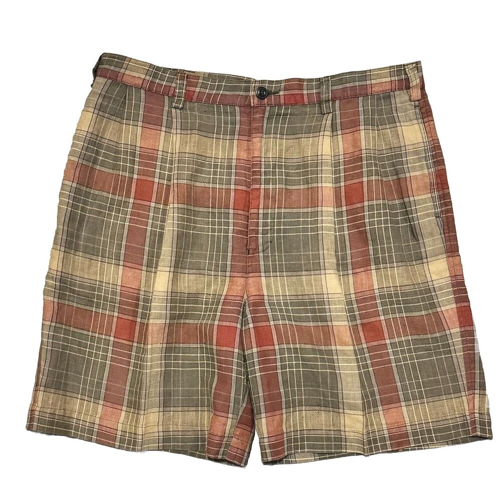 Nautica Skipper 100% Linen Plaid Shorts Men's‎ Size 36 Tan Green Brick Red